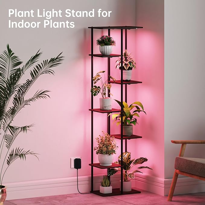 Indoor Plant Stand with Grow Lights , 7 Tier Corner Wooden Tall Grow Light Stand for Indoor Plants , Full Spectrum Dimmable 50W(5x10W) LED Grow Light Panel with Timer for Garden , Living Room