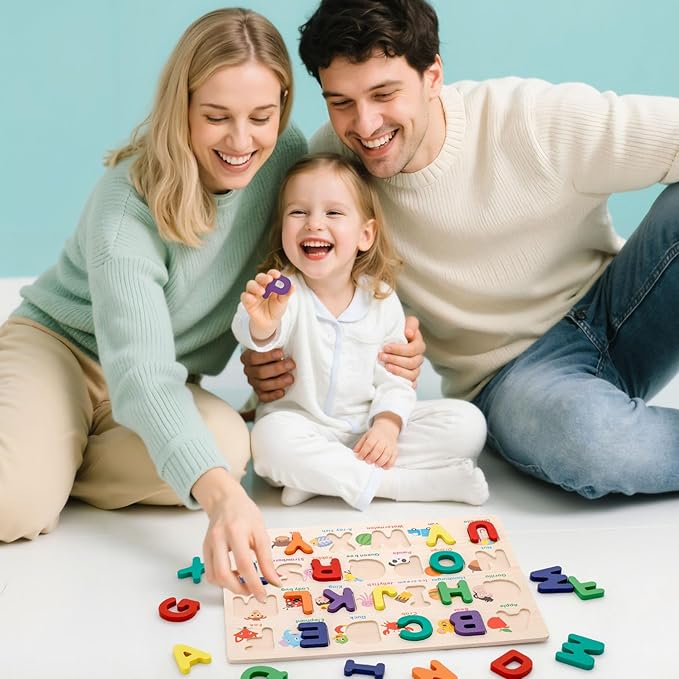 Alphabet Puzzle Wooden Puzzles for Toddlers 3 4 5 Year Old, ABC Shape Learning Toddler Toys with Board & Letter Blocks, Preschool Educational Toys for Girls Boys, Pattern Alphabet