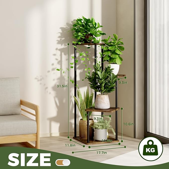 4 Tiered Plant Stand Indoor Corner Plant Shelf for Multiple Plants for Patio Garden Balcony Living Room Bedroom, Tall Metal Flower Pots Stand Relaxing for Women Gift Brown Oak