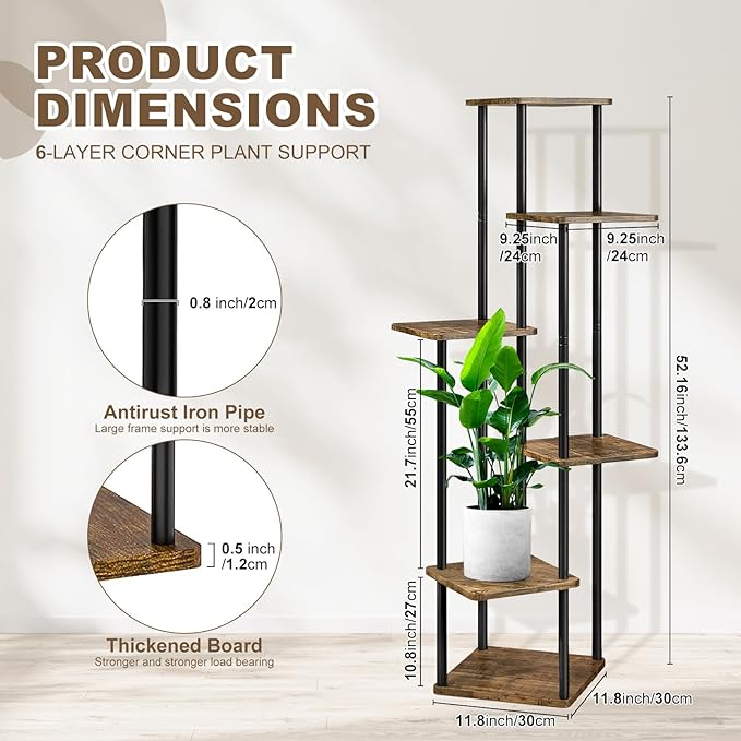 6 Tier Wood Tall Plant Stand Metal Rack Indoor, Multiple Flower Pot Holder Shelves Corner Rack, Planter Shelf Display Rack Storage Organizer for Patio Living Room Balcony Garden(Black)