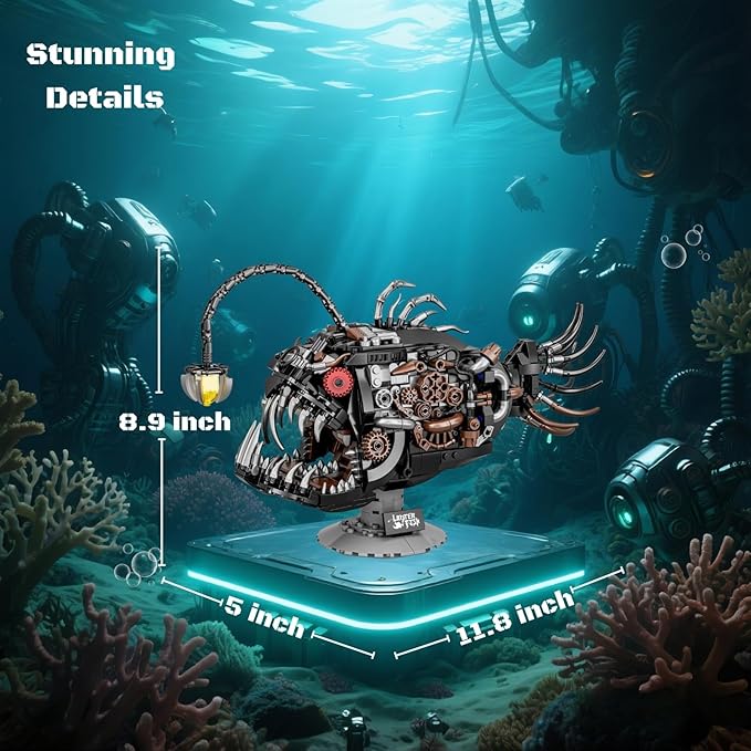 Mechanical Angler Fish Building Block Set - STEM Toys for Boys & Girls 8-14+, Deep Sea Ocean Creature Kit, Home/Office Decor with Light, Great Gift for Kids & Adults(1038+Pieces)