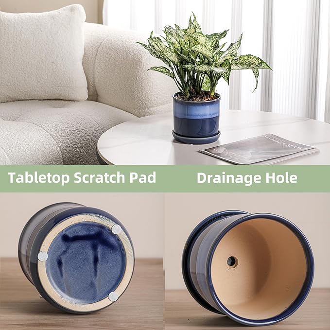 6 Inch Plant Pot: Ceramic Planter with Drainage Hole & Saucer for Indoor Outdoor Plants - Flowerpot with Bonded Tray for Home Office - Blue Reactive Glaze