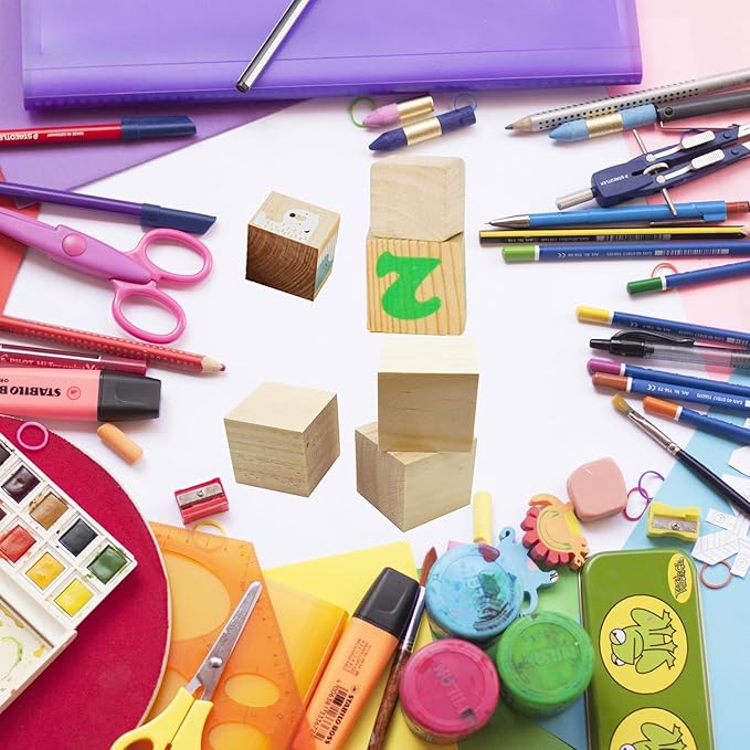 6 Pcs 2 Inch Wood Cubes, Unfinished Natural Wood Square Blocks for Arts and Crafts