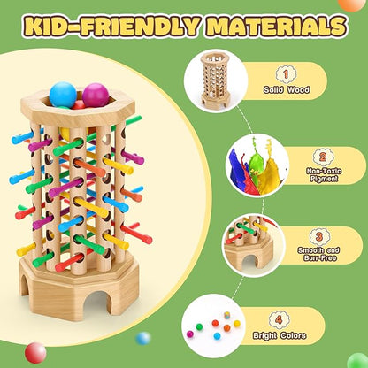 Montessori Wooden Board Game for Kids 3-6 Years - Educational Learning Toy with Colorful Sticks, Dice& Balls - Fine Motor Skills, Classic Tower Games for Family Night - Gift for Toddlers Boys Girls