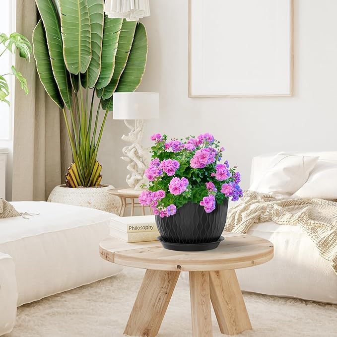 Large Plant Pots 12/10/9 inch, 3 Pack Wide Flower Pots for Outdoor Indoor Plants with Water Ripples, Big Plastic Planters with Drainage Holes and Saucers for Garden House Plants, Black