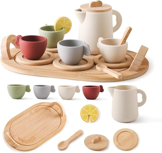 Wooden Tea Party Set for Little Girls 14pcs Toddler Tea Set with Silicone Teapot Cups Carrying Tray Scoop Kids Kitchen Accessories Pretend Play Wooden Toys for 3 4 5 6 Year Old Girl Birthday Gift