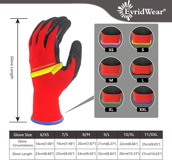 Evridwear Crinkle Latex Rubber Hand Coated Safety Work Gloves for Men Women General Multi Use Construction Warehouse Gardening Assembly Landscaping (XXL-Size) 12 Pairs Pack