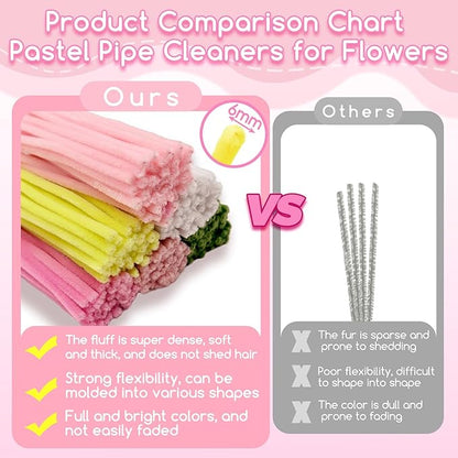 601PCS Complete Pink Pipe Cleaners Flower Kit–Pastel Pipe Cleaners for Flowers, DIY Craft Supplies for Projects, 6 Colors, with Floral Wires, Tape, Glue Sticks, Ribbon, Stamen, Manual & Video Tutorial