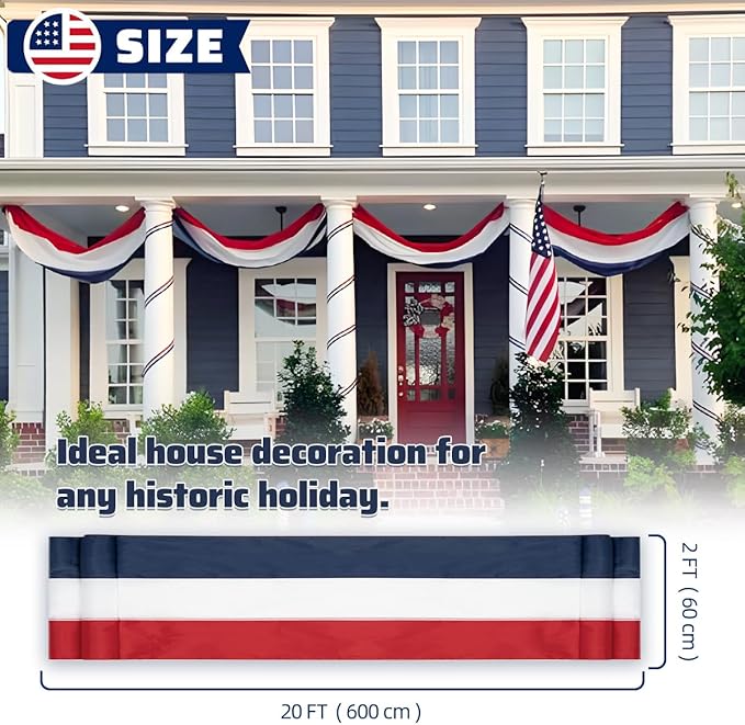 2x20Ft Large Patriotic US Flag Bunting Decorations 4th of July Red, White & Blue Stripe Banner Veterans Day Memorial Days Celebration Decorations Home Garden Outdoor-1Pack