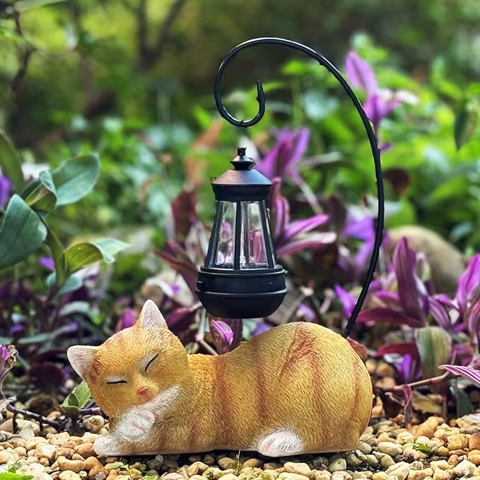 Cat Solar Garden Decor Outdoor Statues, Cat Figurine Decoration with Solar Lights Lantern, Garden Outdooe Cat Statue Decor Art for Patio, Lawn, Yard, Unique Housewarming Gift for Cat Lover and Mom