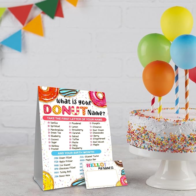 What is Your Donut Name Game, Game Sign and 30 Cards, Donut Birthday Party Sign for Girls, Wedding, Anniversary, Holiday Activity, Kids Donut Activity Cards