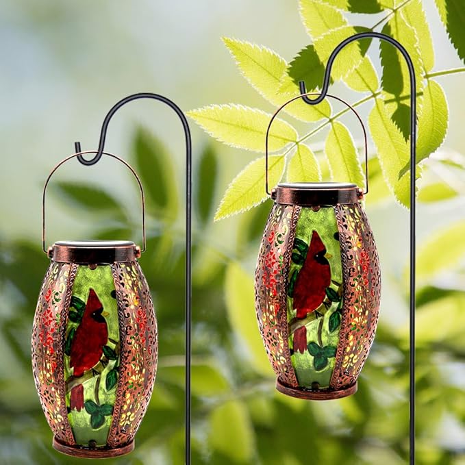 2PCS Cardinal Solar Lanterns Glass & Metal Hanging Light Outdoor Waterproof 16" H Tabletop Lamp with Hollowed-Out Design with Shepherd's Hooks for Garden Patio Table Decor, Green