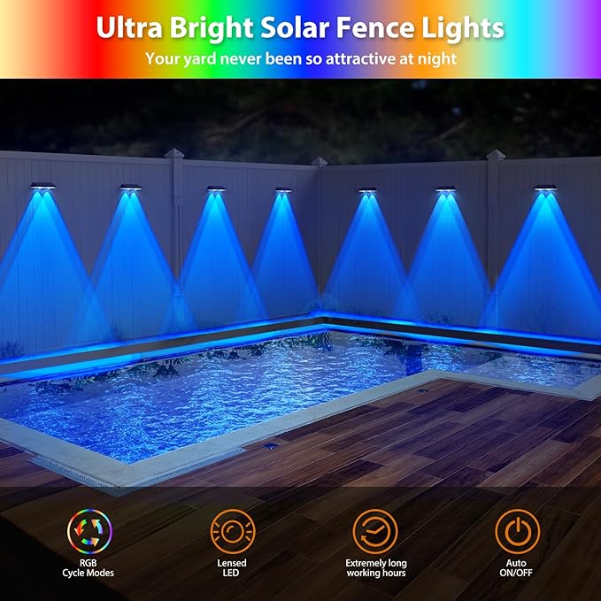 Solar Fence Lights ,RGB & Warm White & 6 Colors Bright Lens LED Dusk to Dawn Deck Light, Fence Solar Lights Outdoor Waterproof, Solar Outdoor Lights for Backyard/Railing/Wall/Step/Patio/Pool (4Pack)