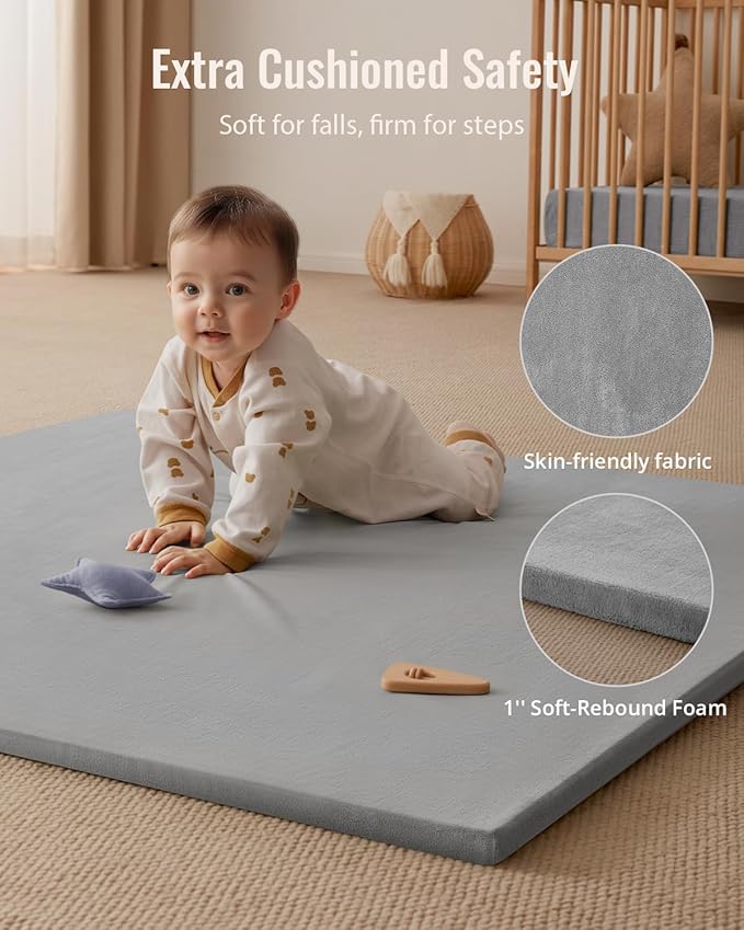 Blissful Diary Ultra Soft Baby Play Mat, 50x50 Floor Mat with Removable & Washable Slip-On Cover for Babies and Toddlers Infants, Light Grey