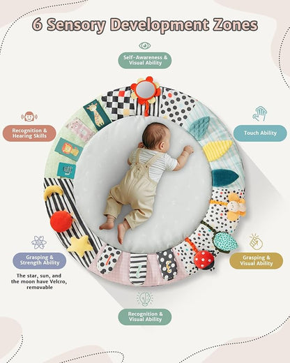 Baby Play Mat Activity Gym,6 Developmental Zones Tummy Time Mat, Foldable Wooden Baby Play Gym with 7 Detachable Sensory Toys for Newborn Brain Development, Essential Baby Shower Set