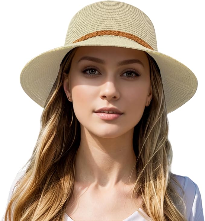 Beach Sun Straw Hats for Women, Summer Sun Protection Foldable Packable Wide Brim Hat