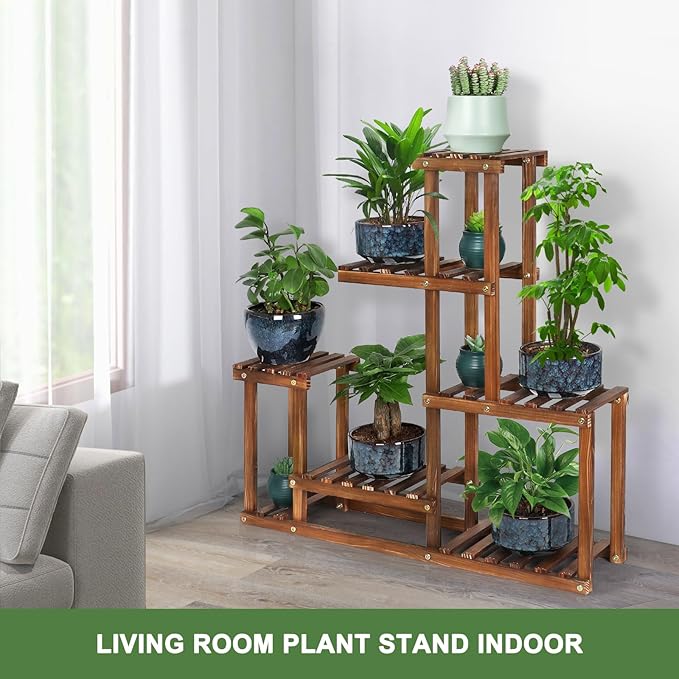 Wood Plant Stand Indoor Outdoor Multi Tiered Corner Plant Shelf Holder High Low Flower Rack Stand for Indoor Multiple Plants 9 Potted Organize Shelves in Living Room Garden Balcony Patio Yard