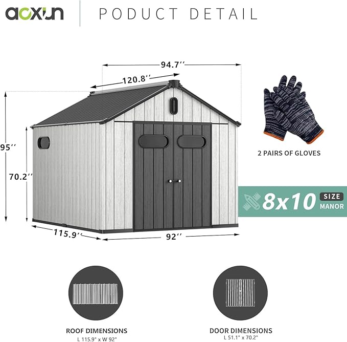Aoxun 10X8FT Outdoor Shed with Floor, Resin Storage Shed with Lockable Door, Garden Utility Tool Shed Storage House for Backyard, Patio, Lawn