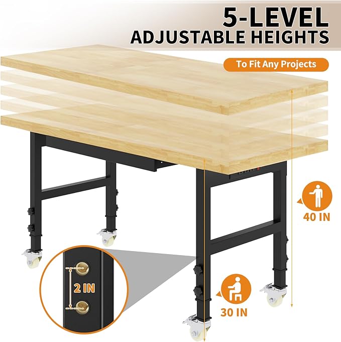 60" Adjustable Height Workbench, Heavy-Duty Work Bench Table with Locking Wheels, Portable Chipboard Work Table with Drawer & Power Outlets, for Repair Shop, Garage, Workshop, Office