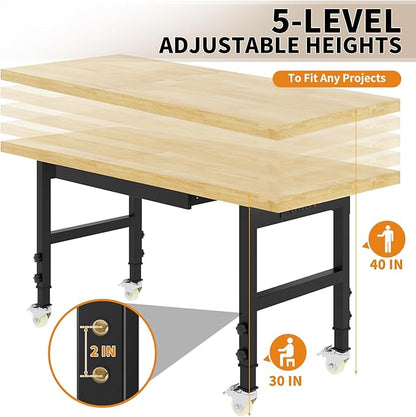 60" Adjustable Height Workbench, Heavy-Duty Work Bench Table with Locking Wheels, Portable Chipboard Work Table with Drawer & Power Outlets, for Repair Shop, Garage, Workshop, Office