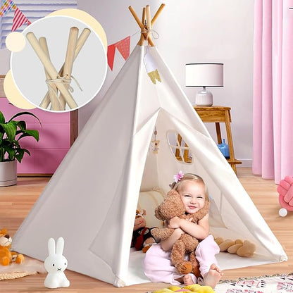 Sumbababy Teepee Tent for Kids Indoor - Natural Canvas Kids Play Tent - Washable Tipi Sleepover Tents with Lights & Carry Bag, Outdoor Toddler Tents for Girls & Boys - Foldable Playroom Gift Toys