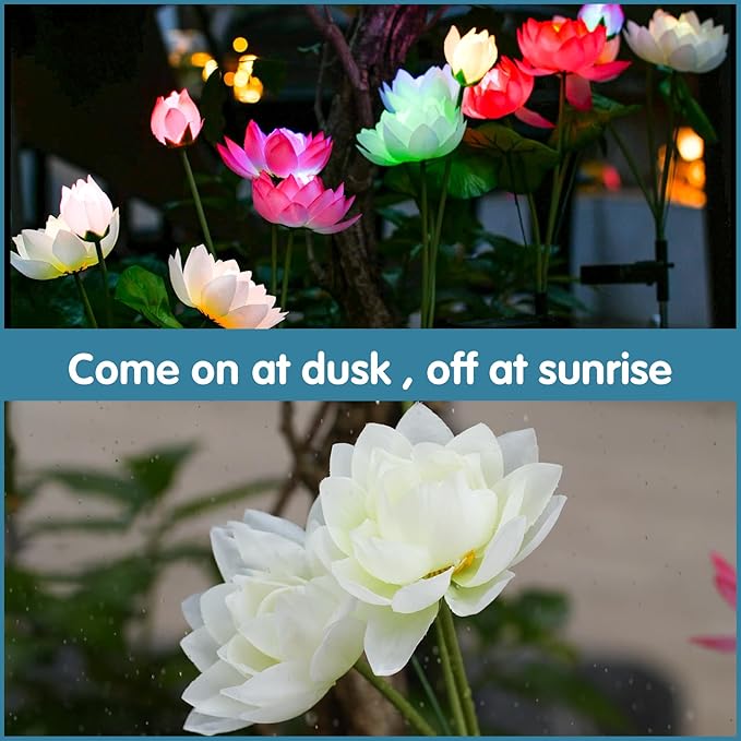 Solar Garden Lights - Solar Flower Lights, 7-Color Changing Lotus Lights for Yard, Garden Decoration, Bigger Solar Panel & Realistic Lotus Flowers (2 Pack)