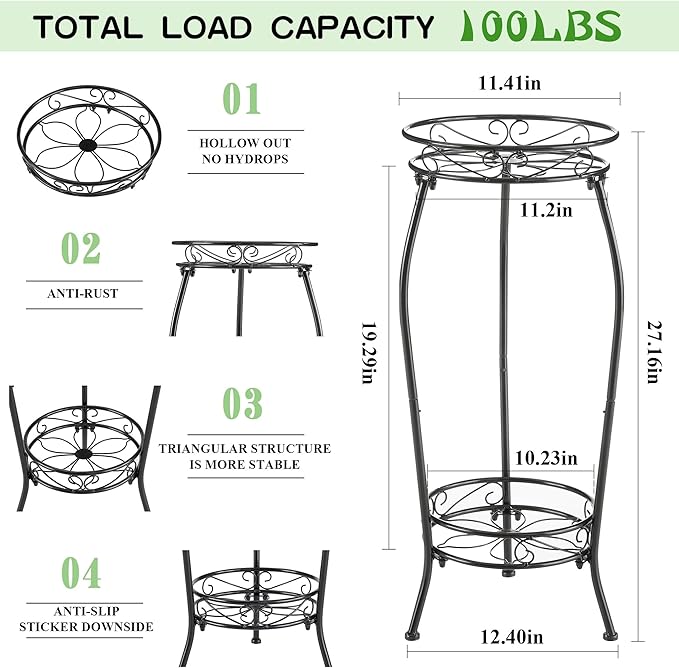 VECELO 2 Tier Metal Outdoor Plant Stand Indoor, Rustproof Stable 19.3” Iron Flower Stand, Decorative Multiple Heavy Duty Plant Holder, Black