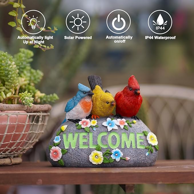 Solar Birds Welcome Sign - Outdoor Bird Decor with Solar LED Lights - Elegant and Charming Figurines for Women, Moms & Garden Enthusiasts