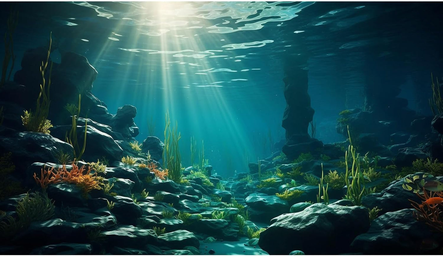 Aquarium Background Ocean Floor Fish Tank Background Underwater Coral Reef Stone Aquarium Backdrop Seaweed Background Sunlight Tank Backdrop Perfect Aquarium Backdrop Durable Vinyl 72x16in