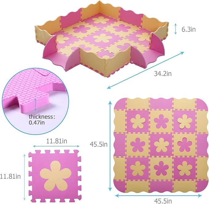 Foam Play Mat for Kids，25Pcs Square Interlocking Puzzle Floor Mat，Baby Play Mat Floor Mat Foam Puzzle Playmat for Toddlers with Fence（Pink Flower-CSH032