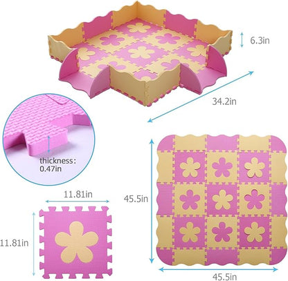 Foam Play Mat for Kids，25Pcs Square Interlocking Puzzle Floor Mat，Baby Play Mat Floor Mat Foam Puzzle Playmat for Toddlers with Fence（Pink Flower-CSH032