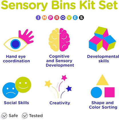 Sensory Kit for Toddlers and Kids - Includes 6 Bins with Lids, Play Tools, Sand, Feathers, Clay, Color Beads and Pom Poms Kids Box Fillers (4 Pack)