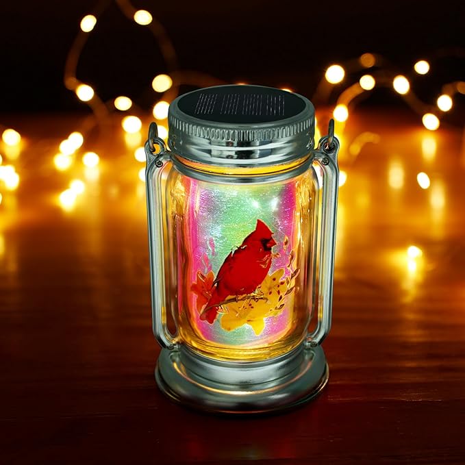 Outdoor Solar Cardinal Lantern-2 Pack Garden Hanging Red Bird Lanterns, Gifts for Mom Women Grandma,Silver Glass Mason Jars,Waterproof LED Decorative Lights for Patio Table Garden Pathway Yard