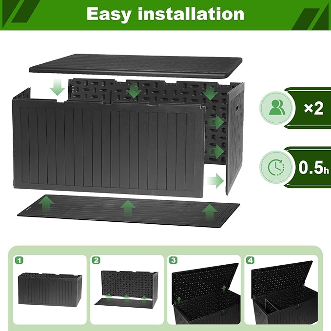 320 Gallon Outdoor Storage Box Waterproof, Extra Large Plastic Outside Deck Box Weatherproof, Resin Outdoor Cushion Storage Container with Lock and Lids for Cushion and Pool Equipment, Black