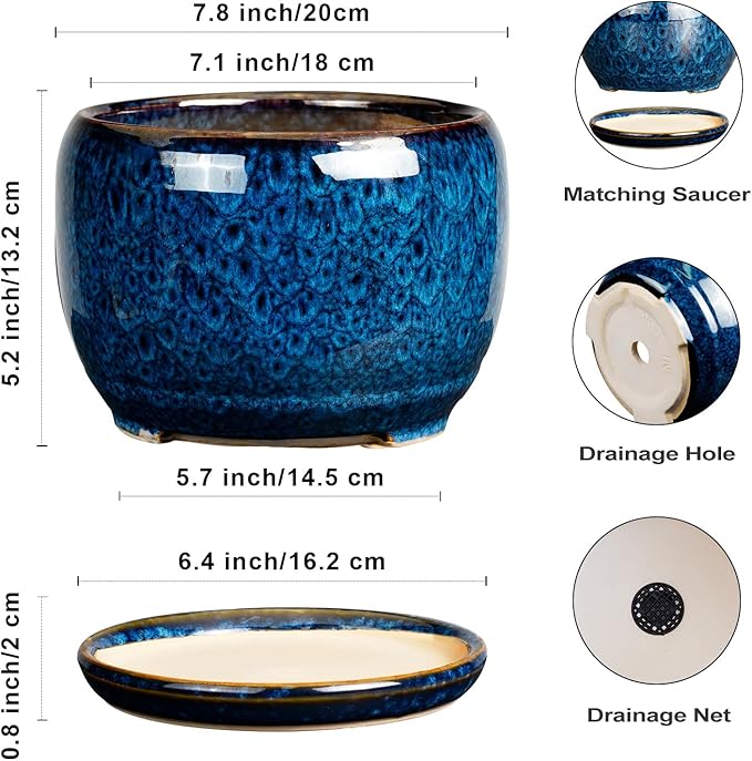 SQOWL Ceramic Planter 8 Inch - Pot for Indoor Outdoor Plants Round Ceramic Plant Pot with Drainage Hole and Saucer Modern Flower Pot Glazed Blue