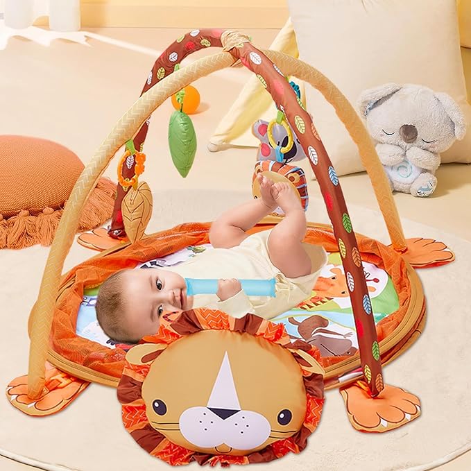 5-in-1 Baby Play Mat,Tummy Time Mat Baby Gym with 30 Balls & 4 Toys,Play Mat for Babies 0-6 Months Baby Play Gym Funny Animal,Lion