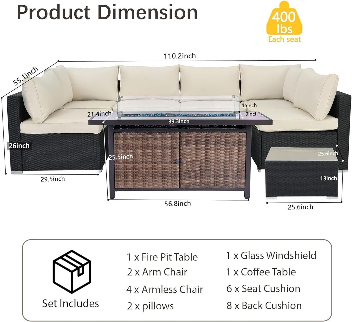 25-Pc Patio Furniture Set - 7 Piece Outdoor Rattan Sofa Set with 57" Fire Table and 17 Accessories, Modular Sofa Set for Garden/Poolside, Beige/Black