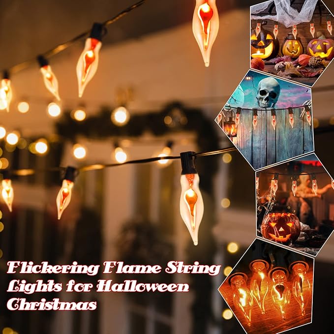 12.8Ft Christmas Lights Flickering Flame String Lights with 12 Pack Clear C7 Flame Light Bulbs（2 Spare）, Great for Indoor Outdoor Home Patio Party Christmas Decorations Lights, 1W, E12 Base