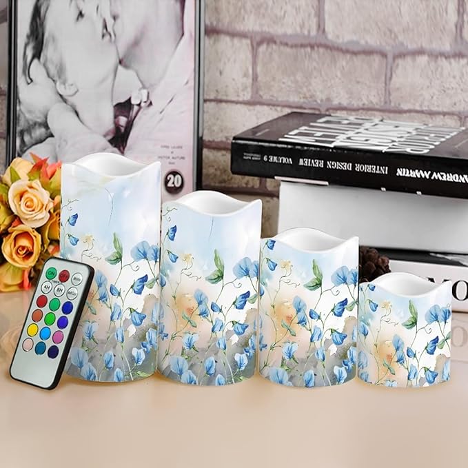 Ystardream Blue Flower Led Flameless Candles Valentine's Day Decorations Electric Christmas Candles for Windows,Unscented,Safe for Families with Pet(s) or Young Child(ren)