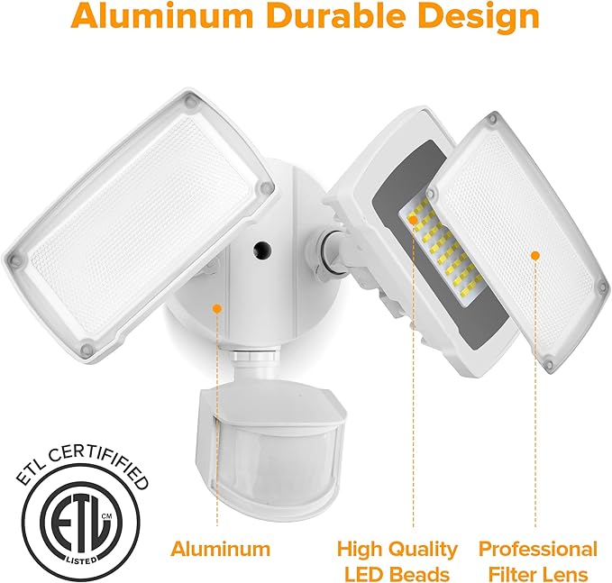 LUTEC 38W 3500 Lumen LED Motion Activated Integrated Dual-Head Floodlight Outdoor with Motion Sensor, 5000K Daylight, Dusk to Dawn, Exterior Security Wall Light for Patio, Garden, Yard(White)