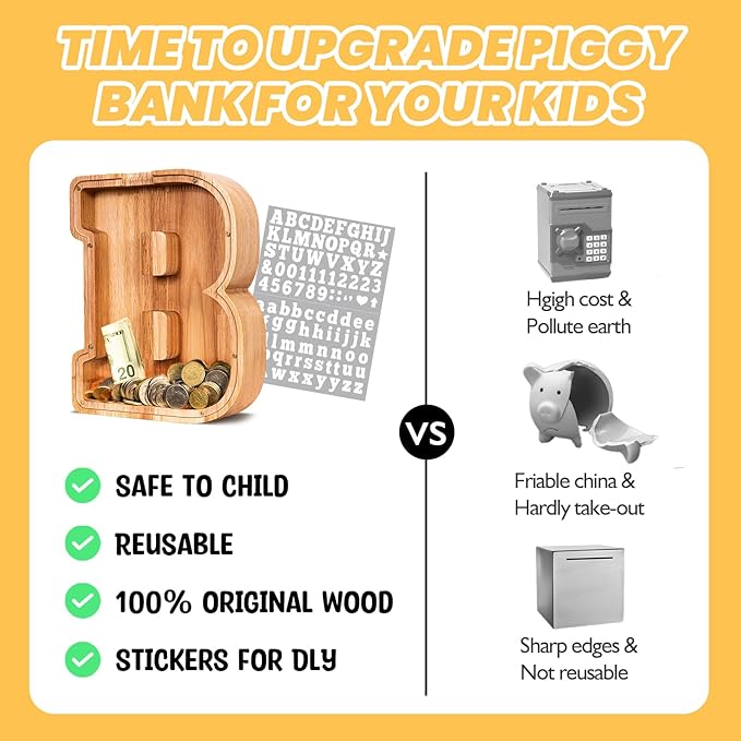 KMC Wooden Letter Piggy Bank, Personalized Initial Piggy Bank for Kids Boys, Clear Alphabet B Wood Money Box, Unbreakable Coin Saving Jar, Birthday, for Children