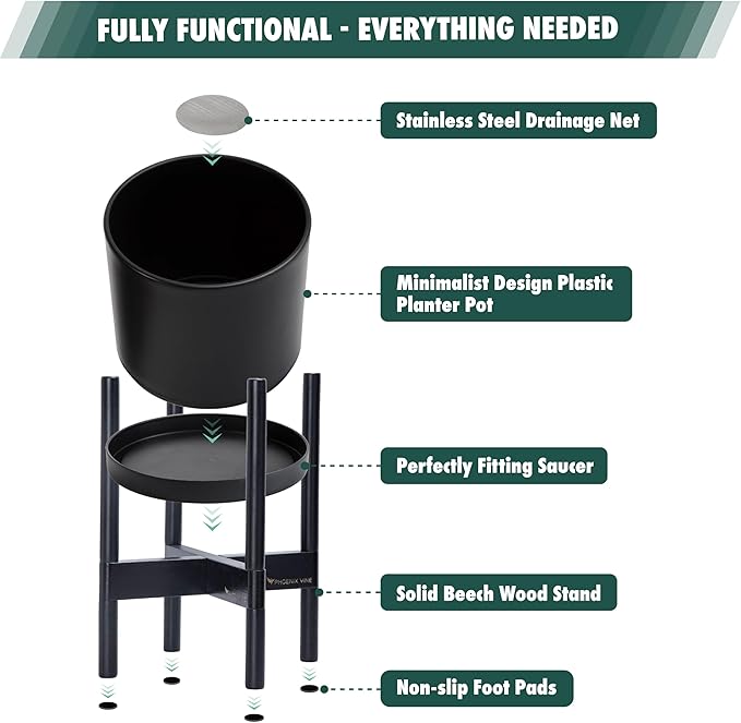 D'vine Dev Planter Pot with Stand - 10 Inch Plastic Cylinder Flower Pot with Wood Planter Holder for Indoor, Matte Black Pot + Ebony Stand, 55-C-N-2