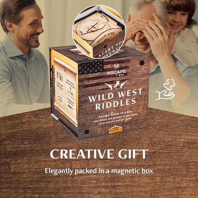 INSCAPE Wild West Riddles - Puzzle Box - Wooden Escape Room in A Box for Adults - Cluebox - Puzzle Boxes with Hidden Compartments - Birthday Gift Gadget for Men and Women