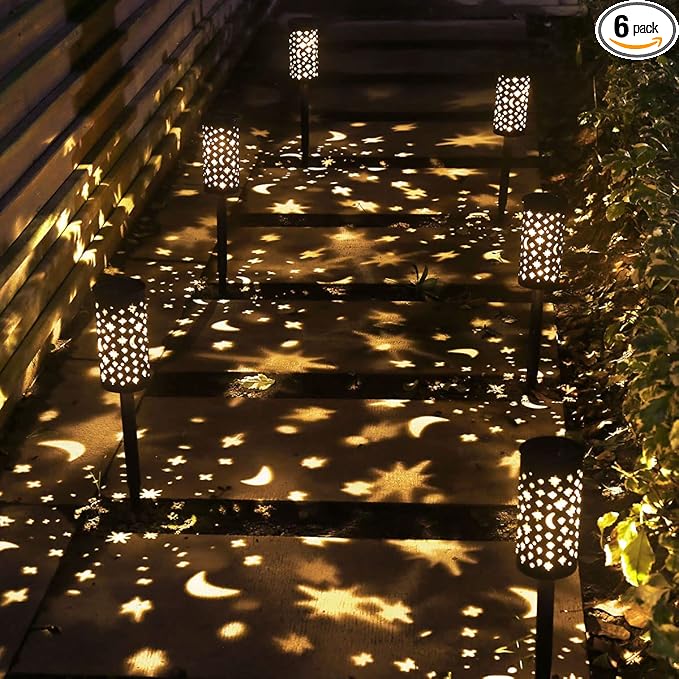 Solar Garden Lights - 6 Pack Black Star Moon, Waterproof Outdoor Path Lights
