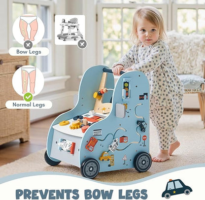 Giant bean Wooden Baby Push Walker with Activity Center – Car Traffic Theme Tool Bench Shape Sorter, Steering Wheel Gears Beads, Montessori Toy for Toddlers 1-3, Walking Push Toy Speed Adjustable