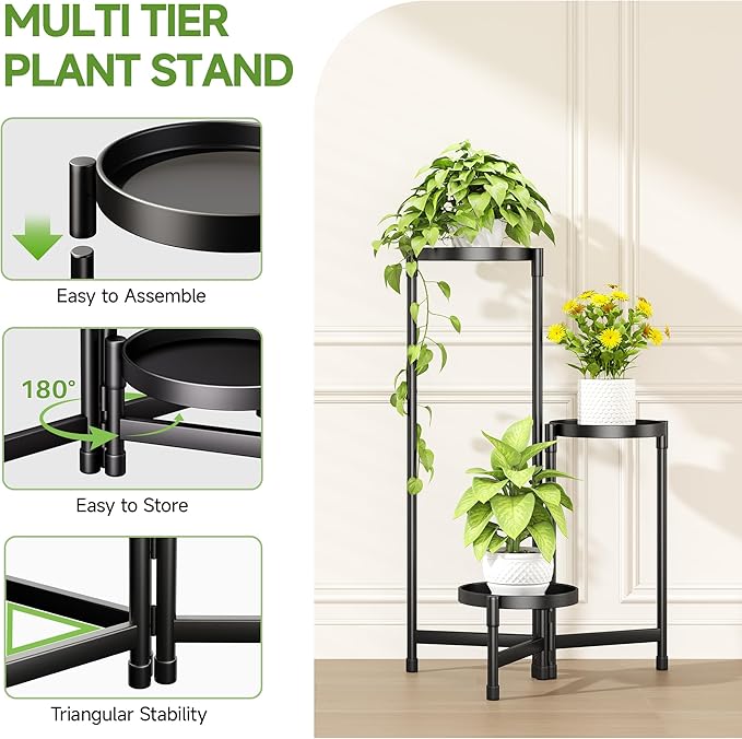 3-Tier Metal Plant Stand Indoor, Foldable Corner Plant Shelf Outdoor, Rotatable Tiered Tall Plant Stand, Black Multiple Plant Stands for Patio Living Room Balcony Garden Home Decor