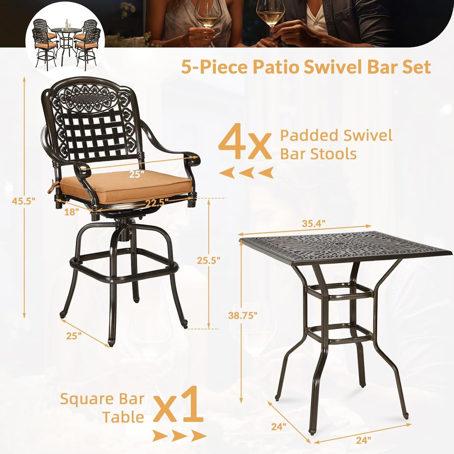 5 Pieces Patio Swivel Bar Set, Patio Bar Table and Chairs Set, All-Weather Cast Aluminum Outdoor Swivel Bar Stools of 4 and 35.4" Square Bar Table, High Top Bistro Set for Deck, Pool, Garden