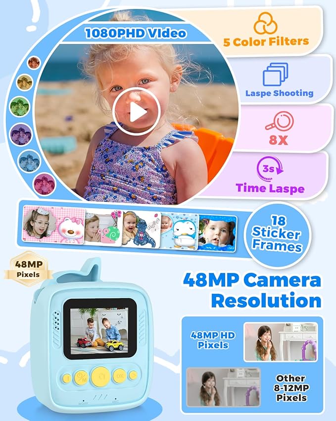 Kids Camera Instant Print, Christmas Birthday Gifts for Kids Age 3-8, 48MP &1080P Kids Camera with Print Paper, Portable Toy Instant Camera for Kids 3 4 5 6 7 8 9 10 Year Old Boys Gifts/Girl Gifts