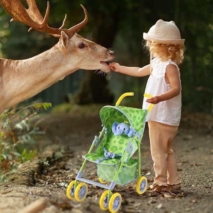 Baby Doll Stroller for Toddlers 1-3, Pillow Animal Toy Stoller for Dolls, Green Folding Baby Toy Stroller for Dolls, Foldable Baby Stroller Toy for Girls, for Kids (Elephant)