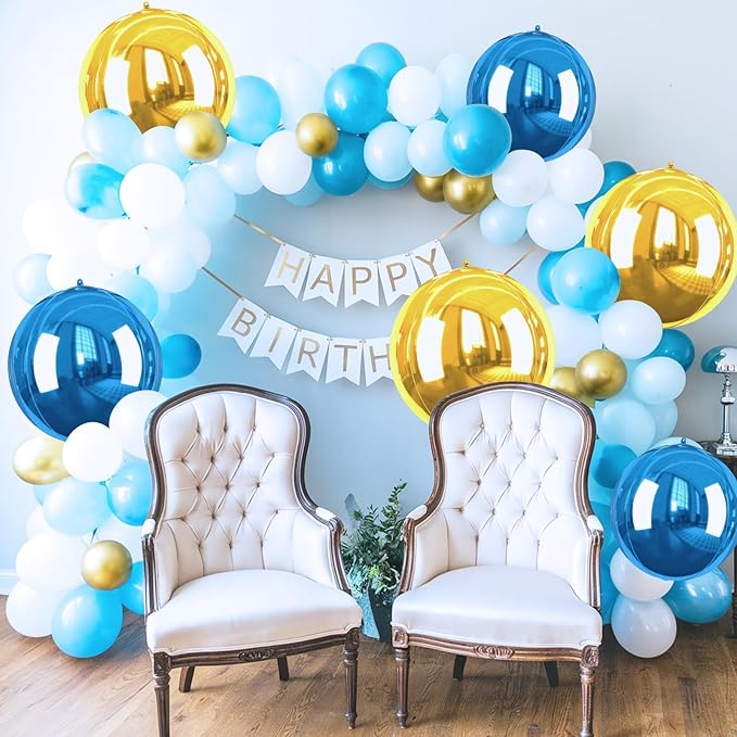 Blue Gold Giant 4D Foil Balloons, 6 Pcs Large Metallic Blue and Gold Round Balloons, 22 Inch Big Round Foil Balloon for Graduation Prom Birthday Party Baby Shower Decorations